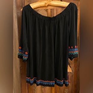 LOFT Black Cotton Embroidered Top, Size L